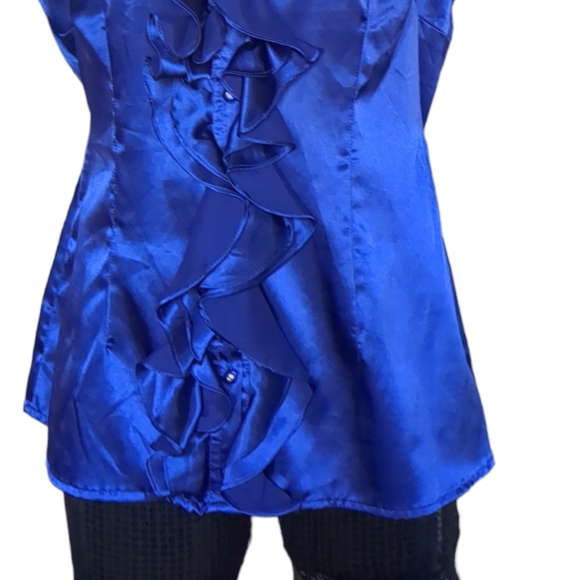 Antilia Femme Royal Blue Satin Designer Ruffle Blouse Size L - Picture 12 of 16